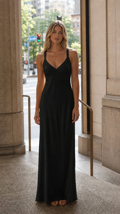 Front view of black satin maxi dress
