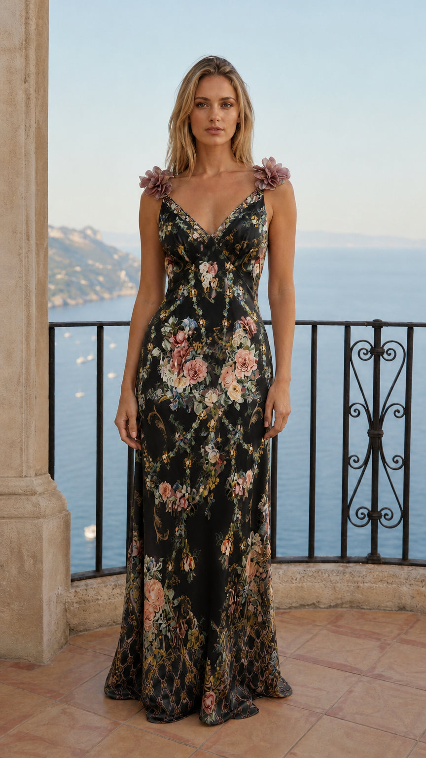 Front view of black floral print maxi dress variant