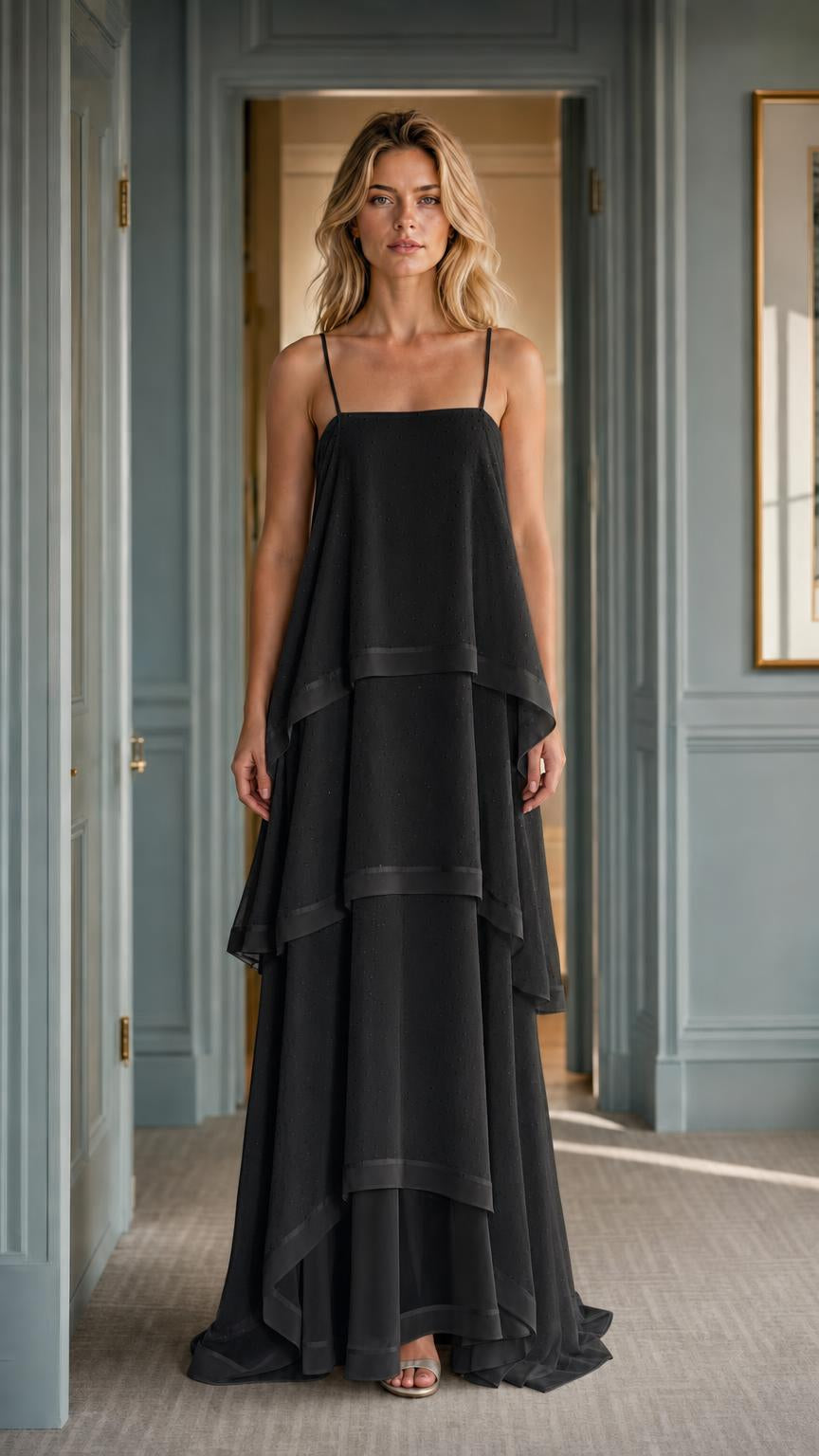 Front view of woman wearing black tiered maxi dress