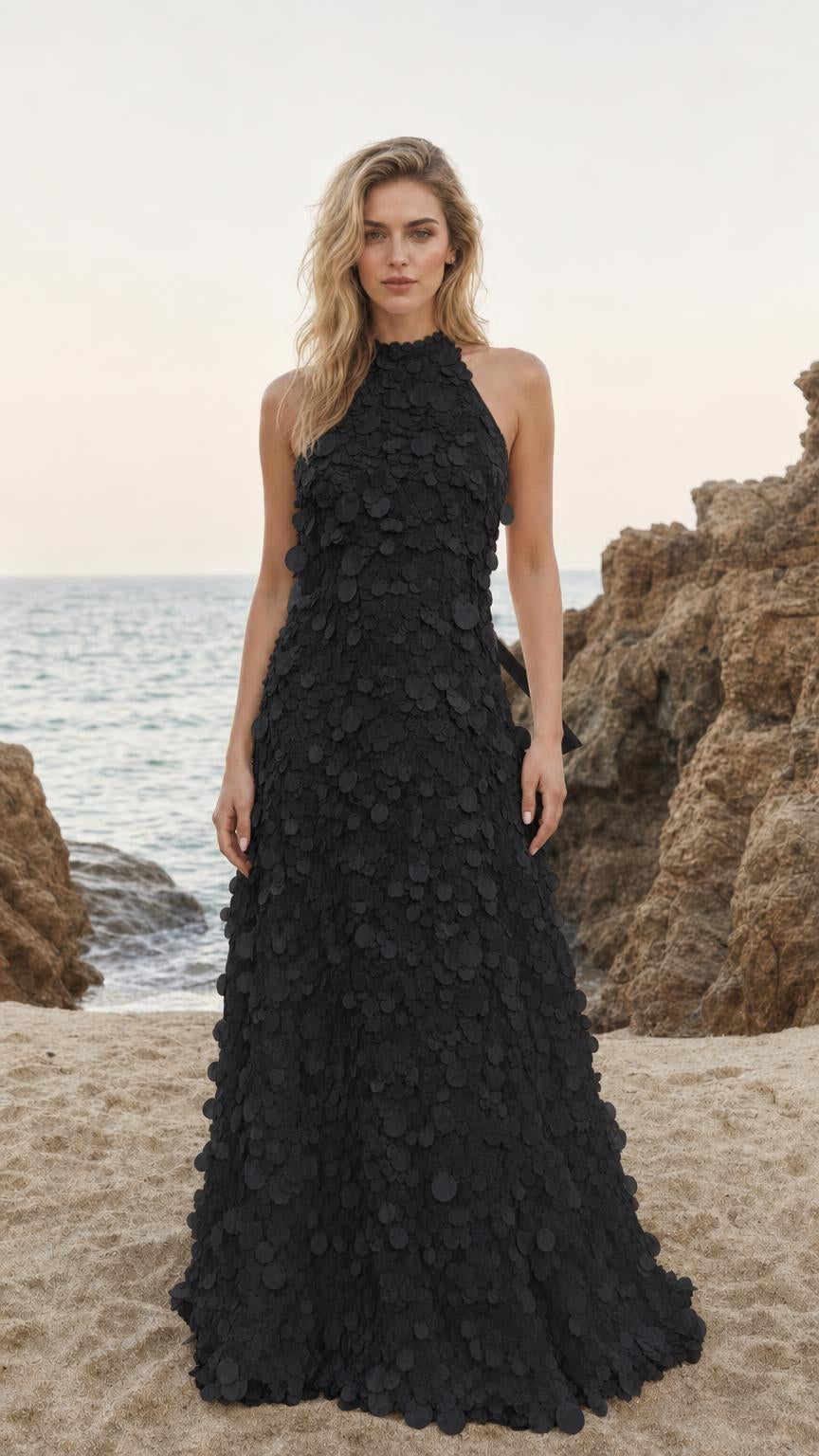 Front view of Black halter neck 3D floral applique maxi dress
