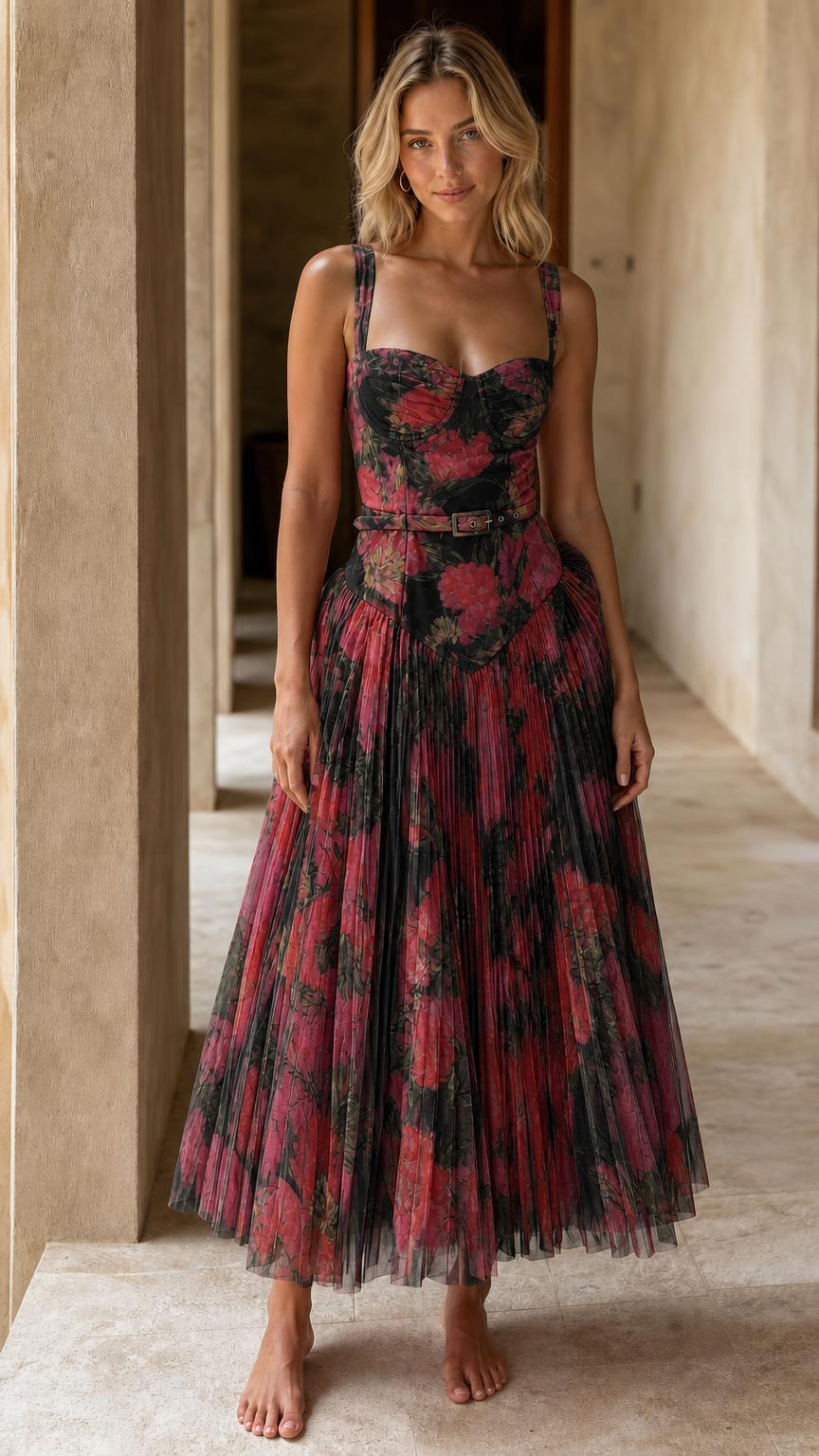 Front view of black floral pleated midi dress
