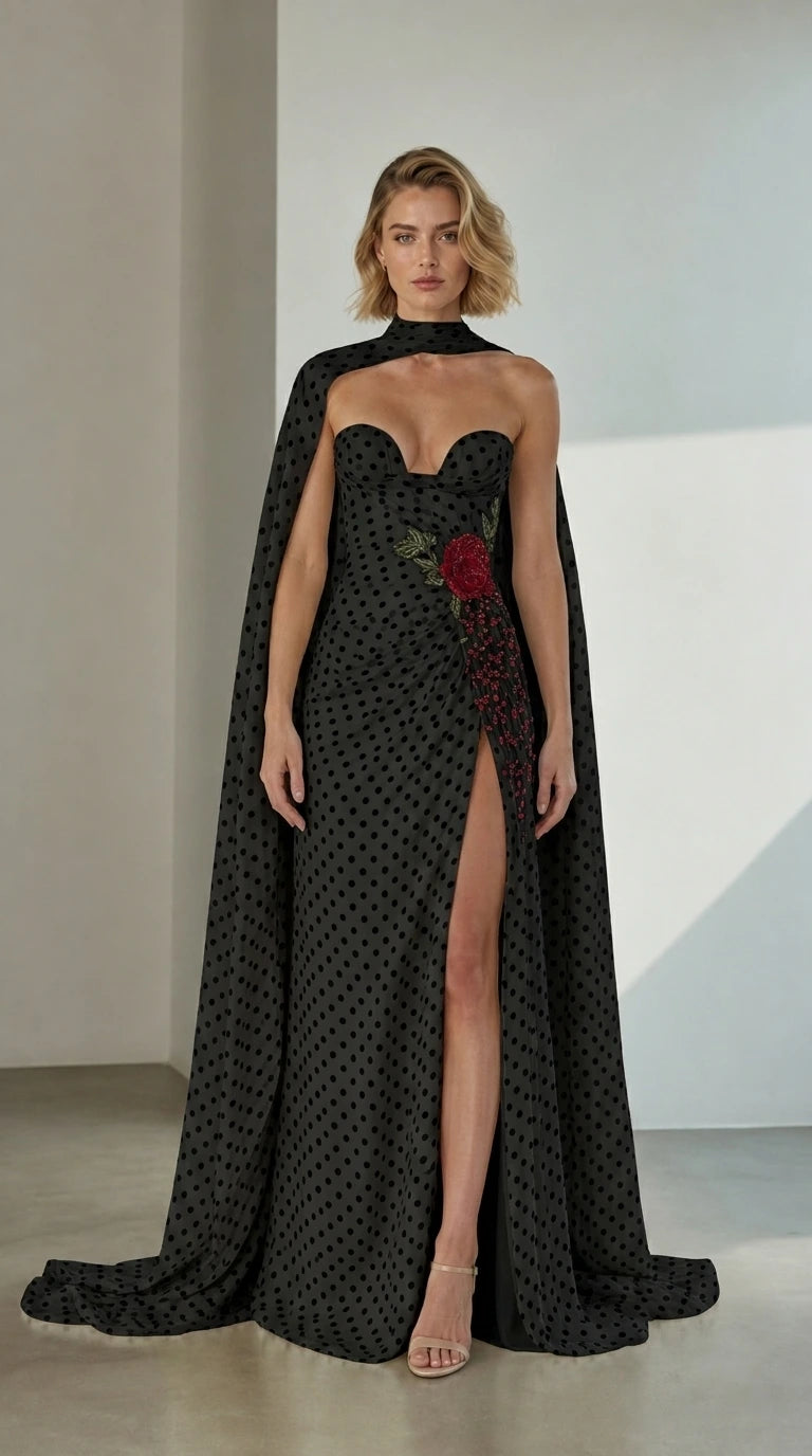 Front view of Black Polka Dot Embellished Cape Evening Gown