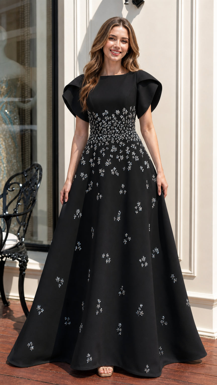 Front view of black evening gown