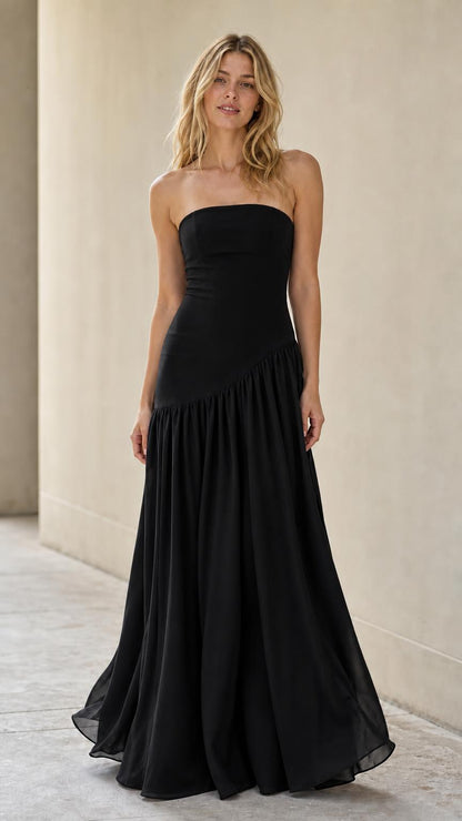 Full length view of model in black strapless evening dress