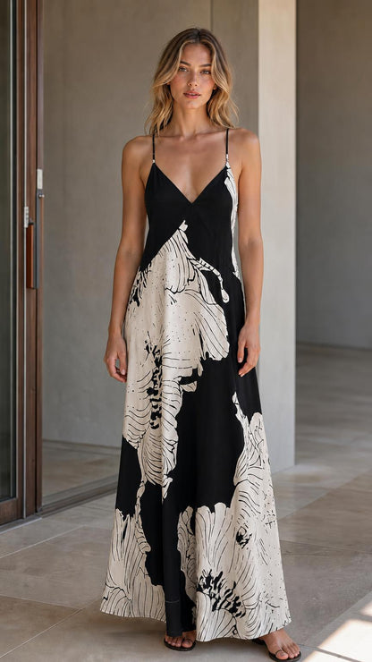 Front view of model wearing black floral maxi dress