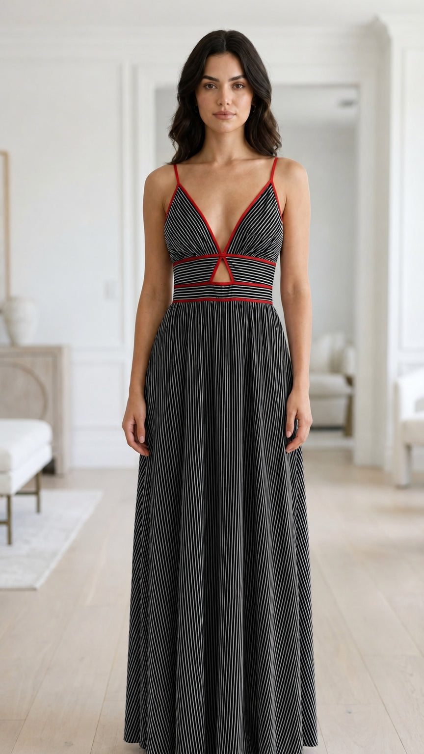 Front view of black striped maxi dress variant