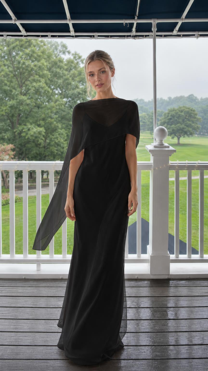 Elegance Flowing Cape Overlay Maxi Evening Dress in Black