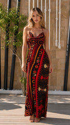 Front view of model wearing Red Multi color variant