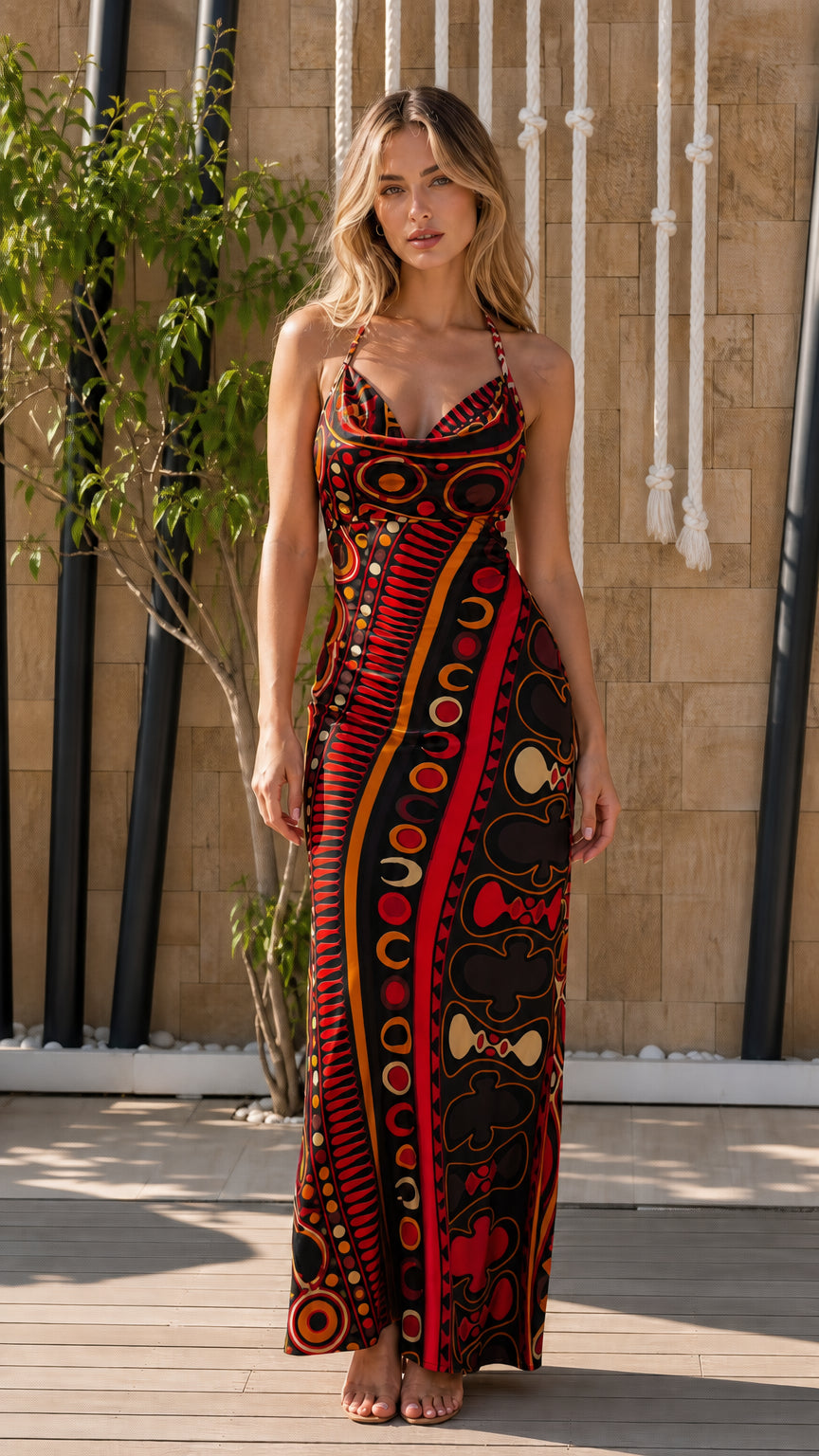 Front view of model wearing Red Multi color variant