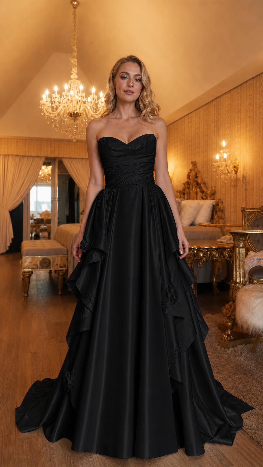 Front view of black strapless evening gown