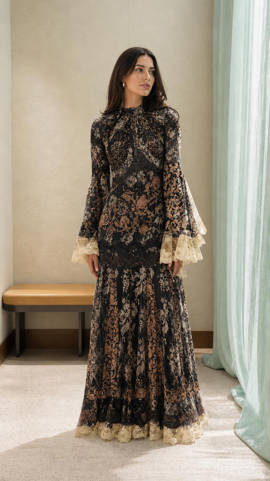 Model wearing the vintage lace maxi dress in black color variant