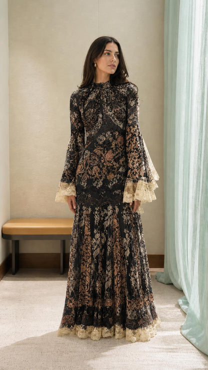 Model wearing the vintage lace maxi dress in black color variant