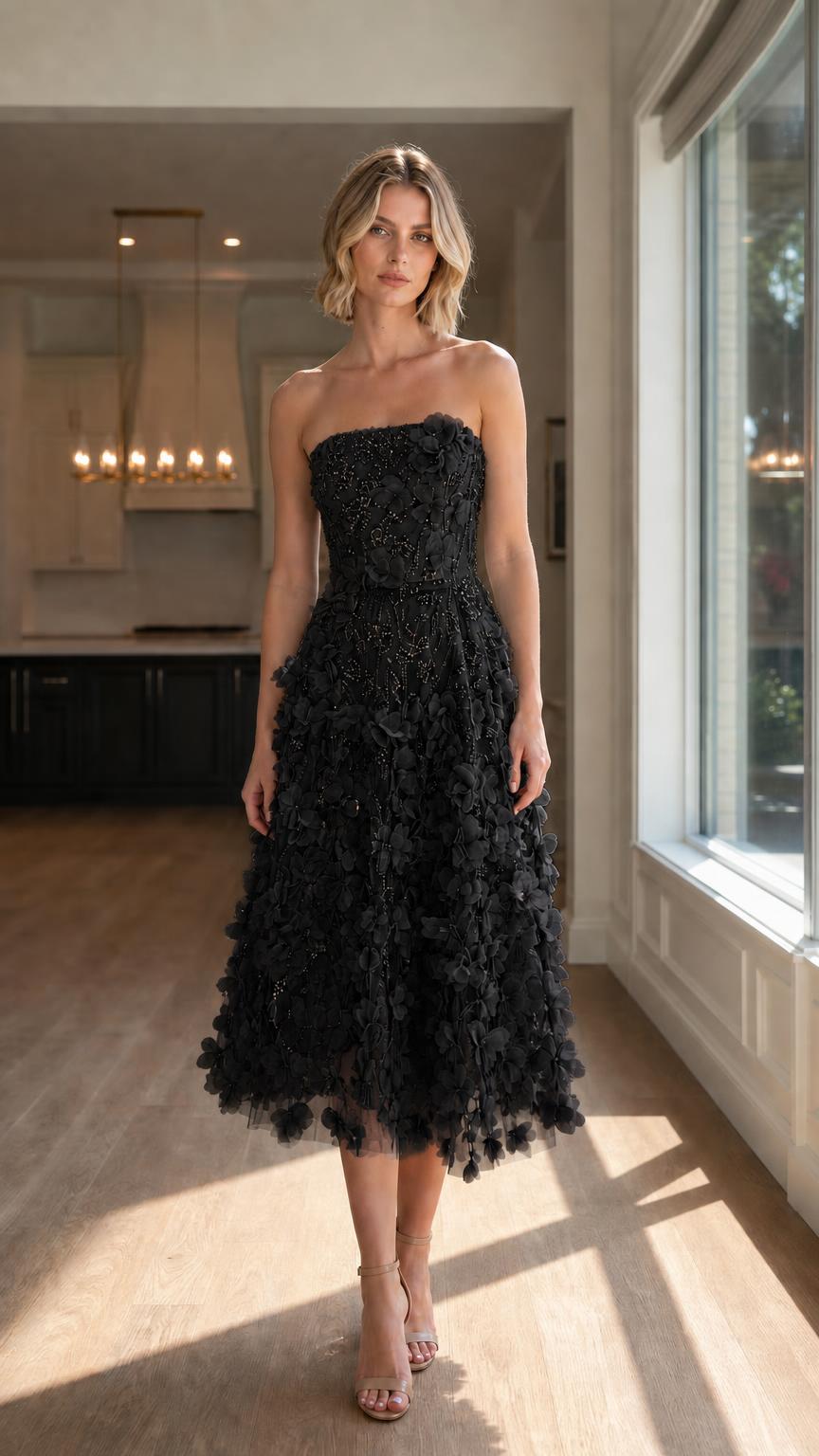 Front view of black strapless 3D floral midi dress