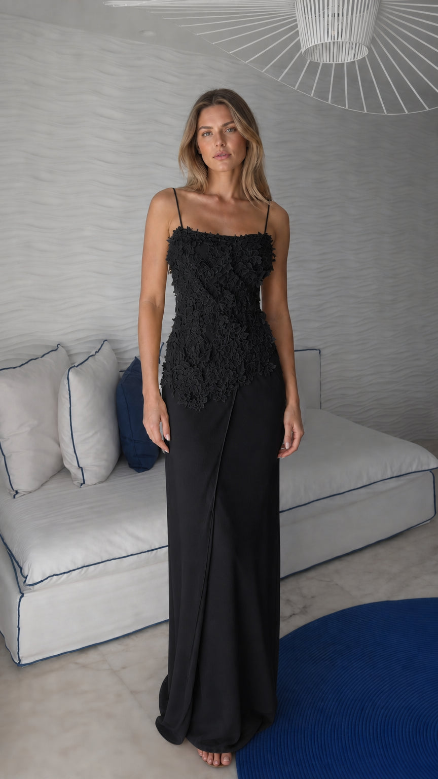 Front view of black floral applique maxi dress