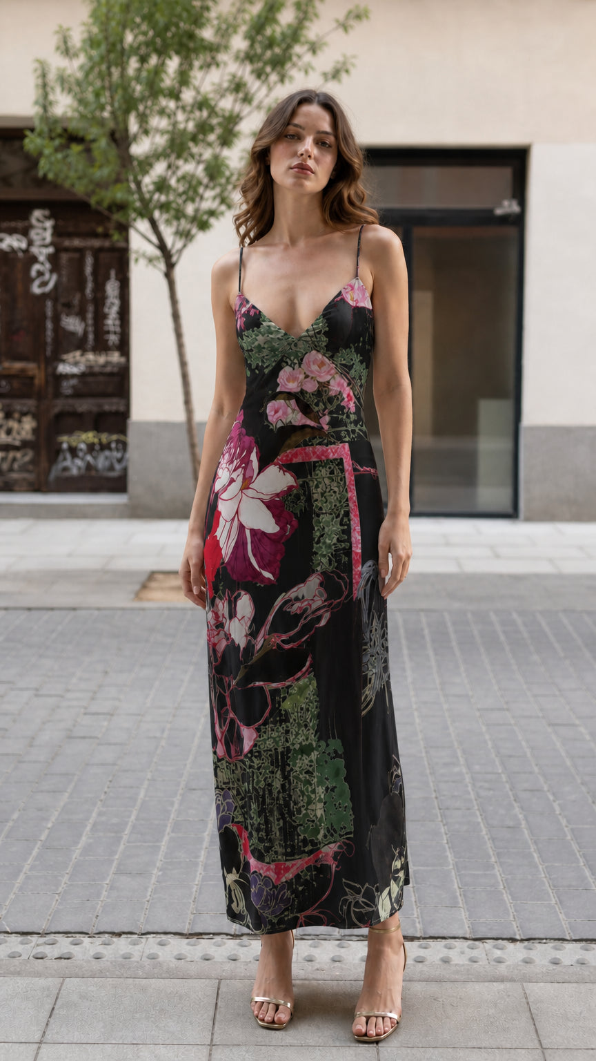 Front view of model wearing Black floral print maxi dress