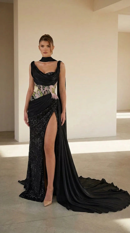 Front view of black evening gown with sequin embellishments