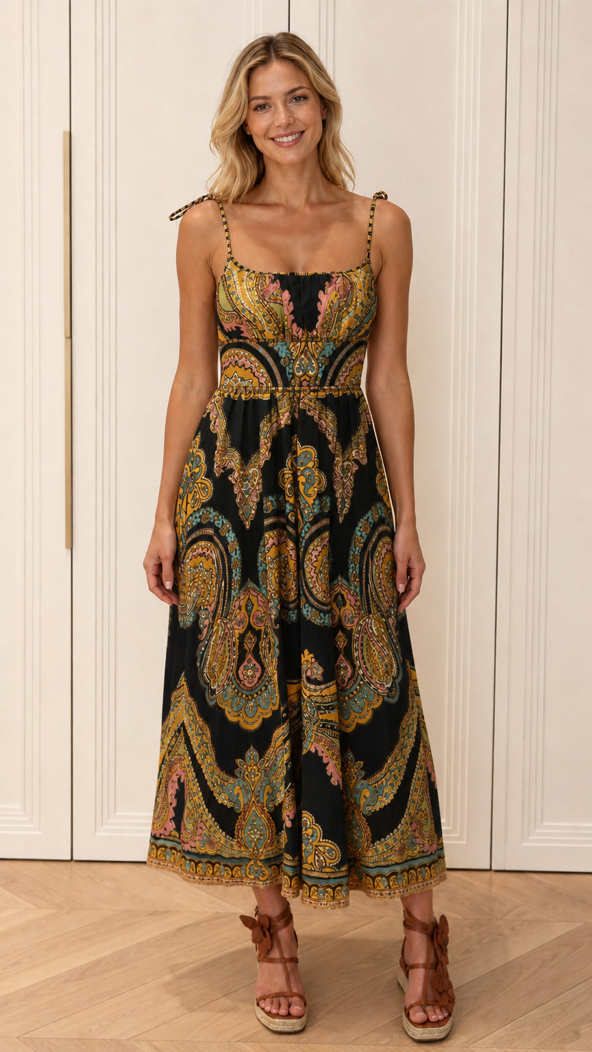 Model wearing black color variant of paisley midi dress