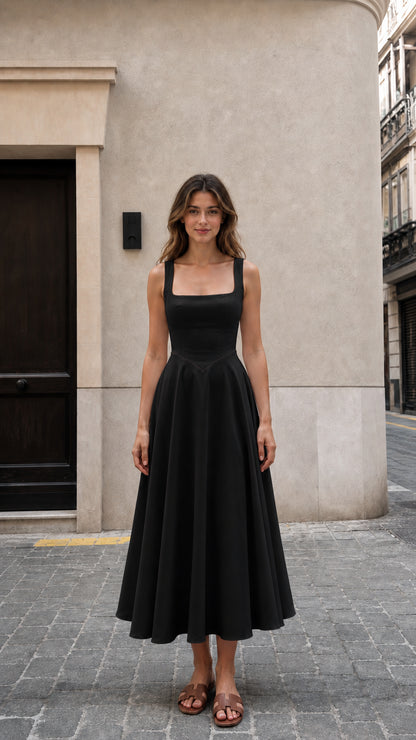 Front view of woman wearing black square neck midi dress