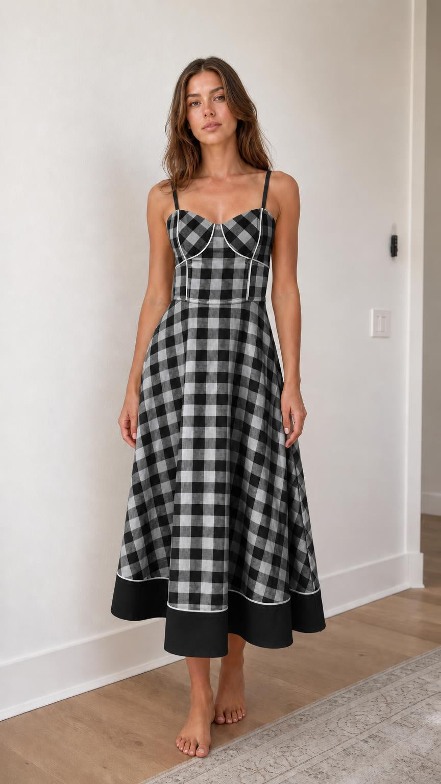 Woman wearing black gingham midi sundress