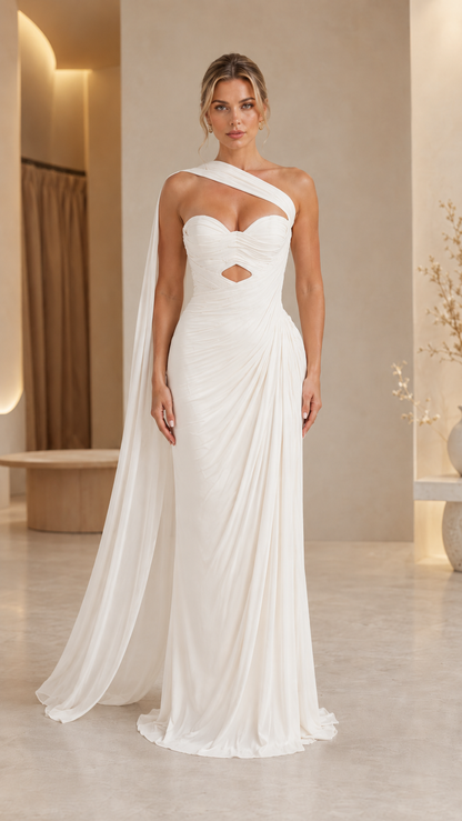 White one-shoulder evening gown for bridal or formal wear