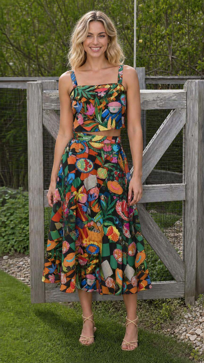 Model wearing black-based multi-print two-piece set