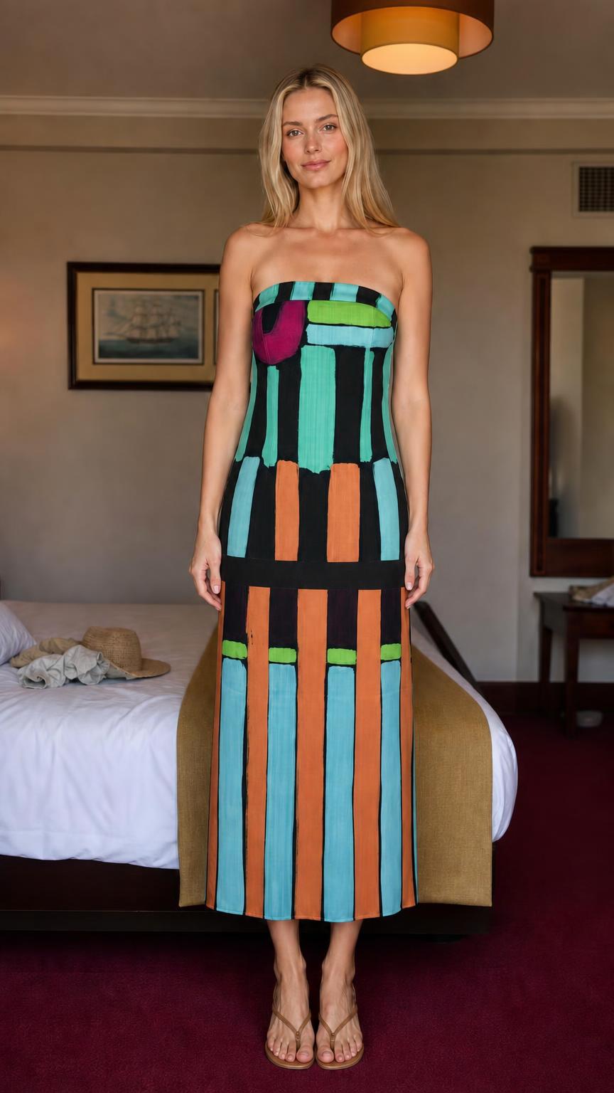 Front view of black variation strapless maxi dress