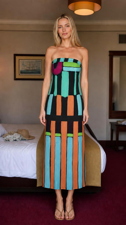 Front view of black variation strapless maxi dress