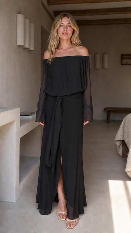 Front view of black off-the-shoulder chiffon maxi dress