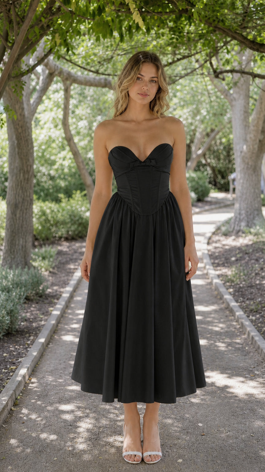 Front view of woman wearing black strapless corset midi dress