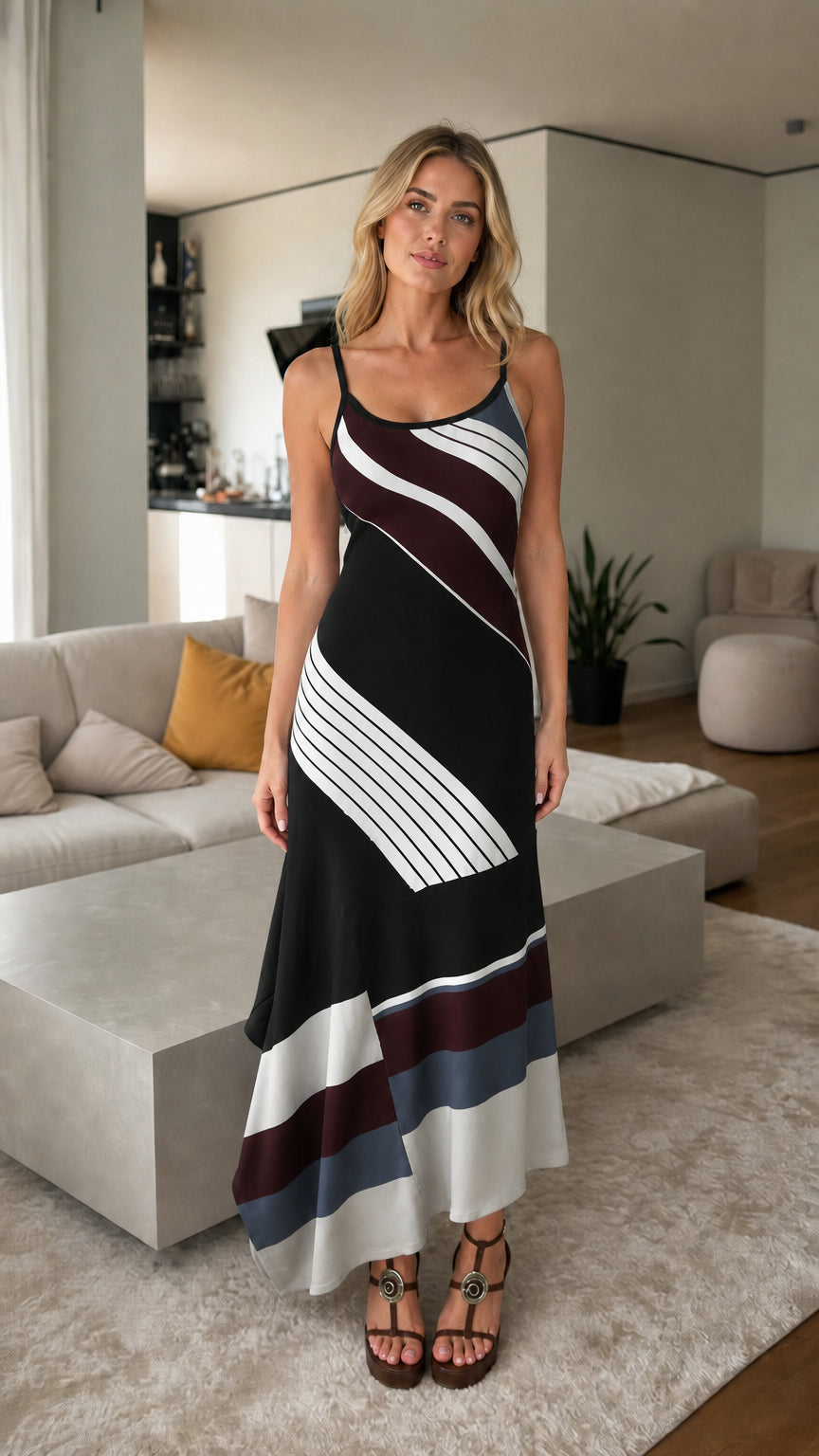 Front view of Black colorblock slip maxi dress