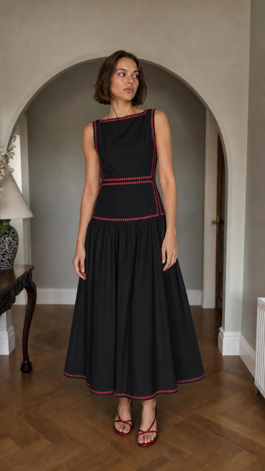 Front view of Black embroidered sleeveless midi dress