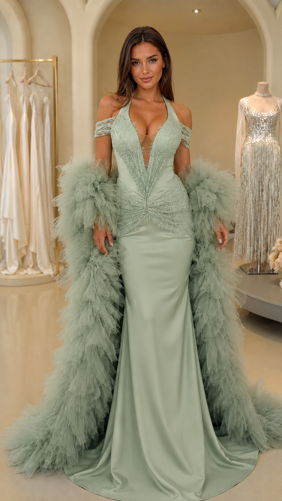 Model wearing sage green formal gown with voluminous feathered stole