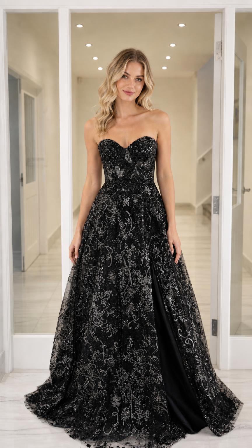 Front view of the black sequin evening gown