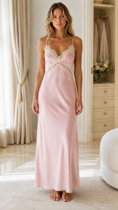 Model wearing pink satin maxi slip dress from front