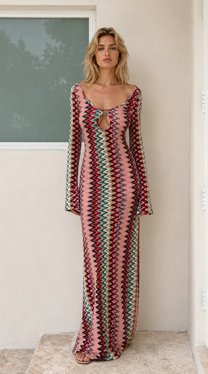 Model wearing Pink variant of chevron knit maxi dress