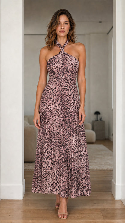 Model wearing pink variant of the leopard print maxi dress