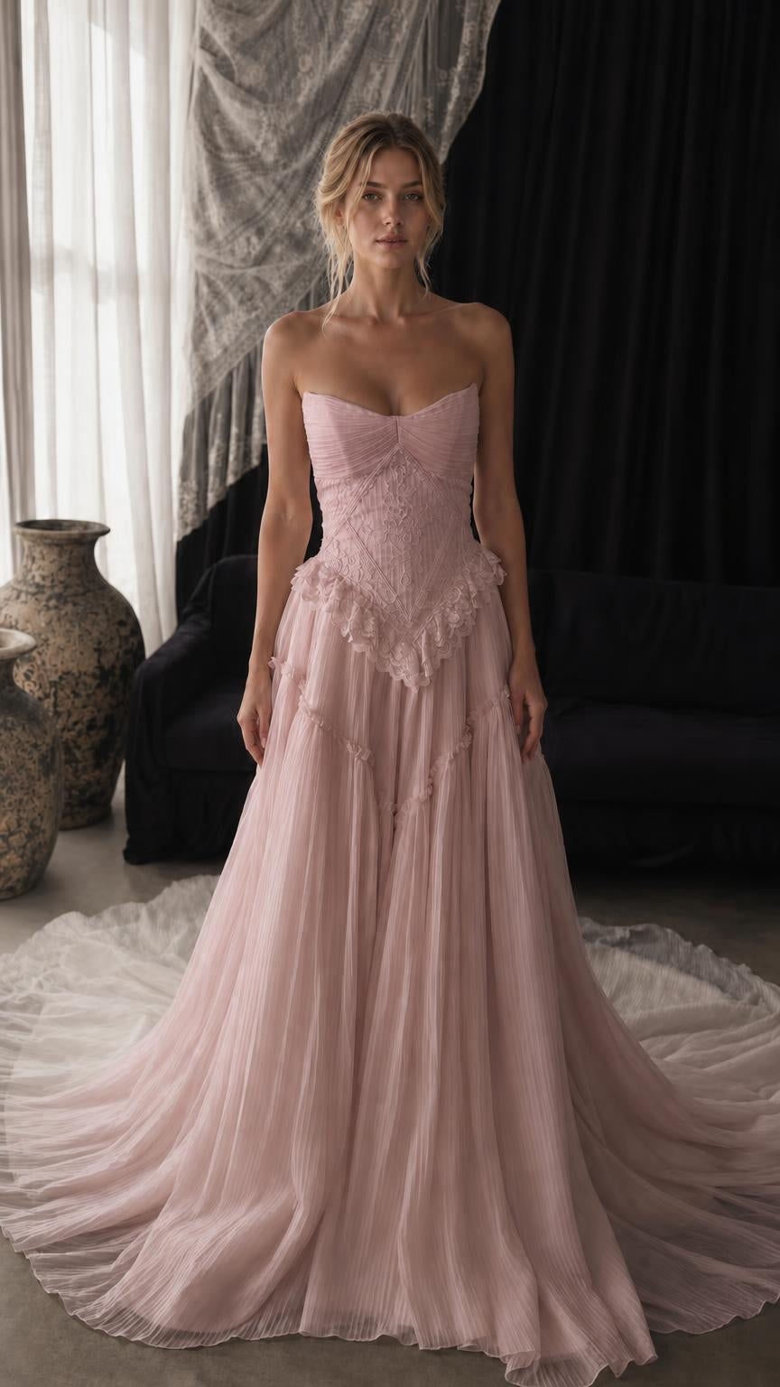 Front view of blush pink strapless lace corset tulle evening gown