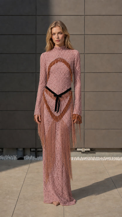 Model wearing pink metallic crochet fringe maxi dress
