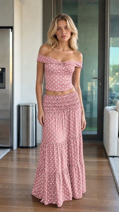 Front view of pink polka dot two piece set