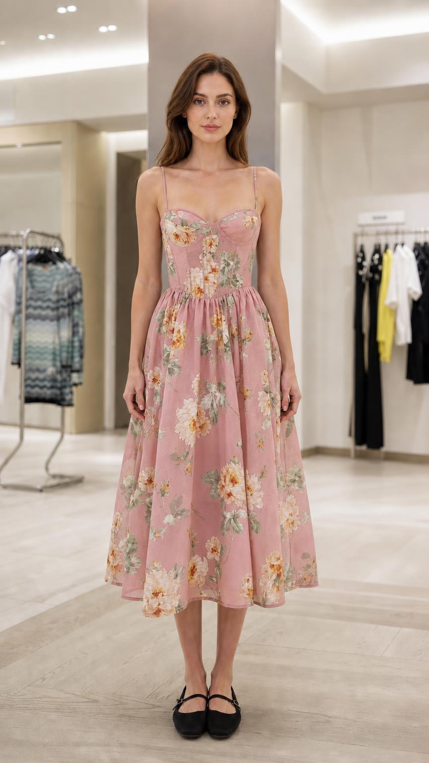 Front view of pink floral corset midi dress