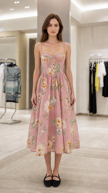 Front view of pink floral corset midi dress
