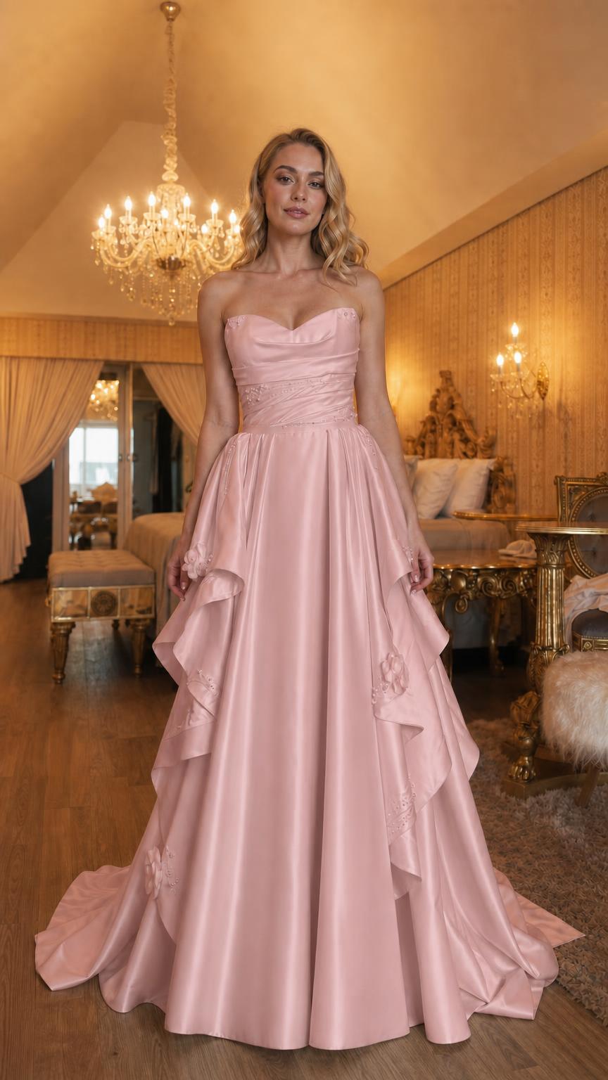 Front view of pink strapless evening gown