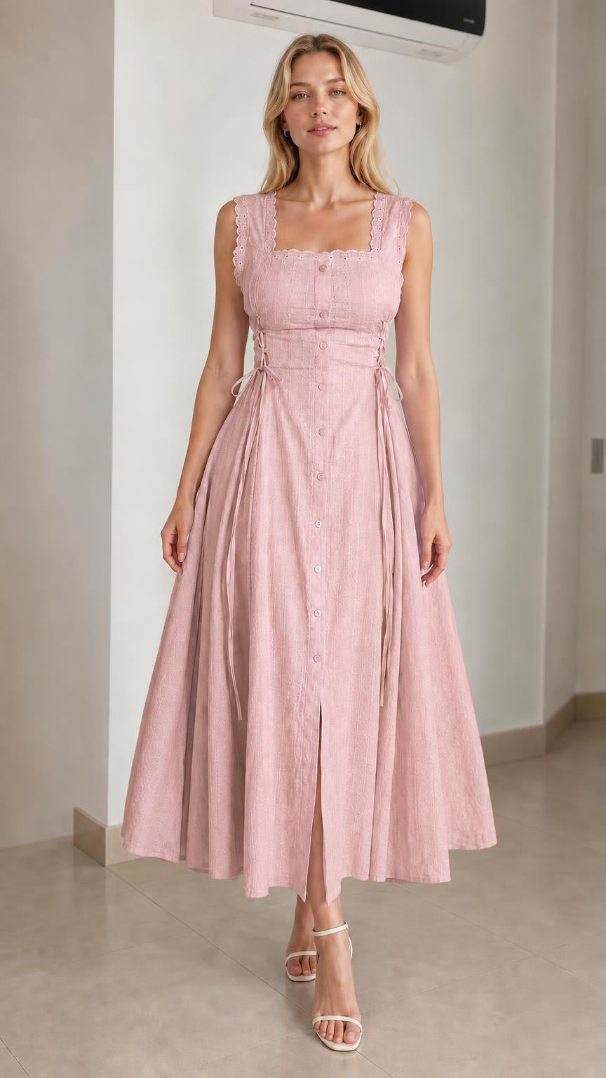 Model wearing pink square neck midi dress