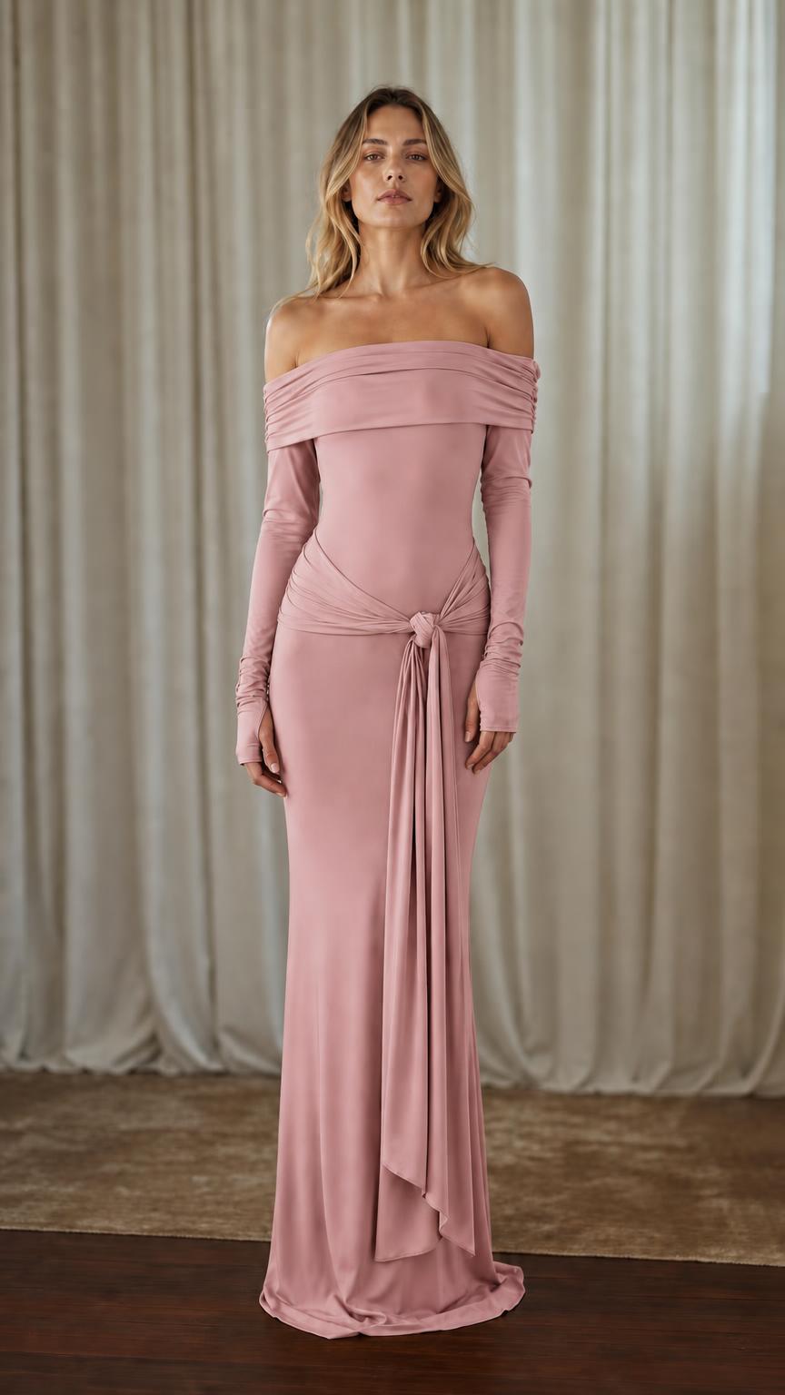 Front view of woman wearing pink off-shoulder maxi dress
