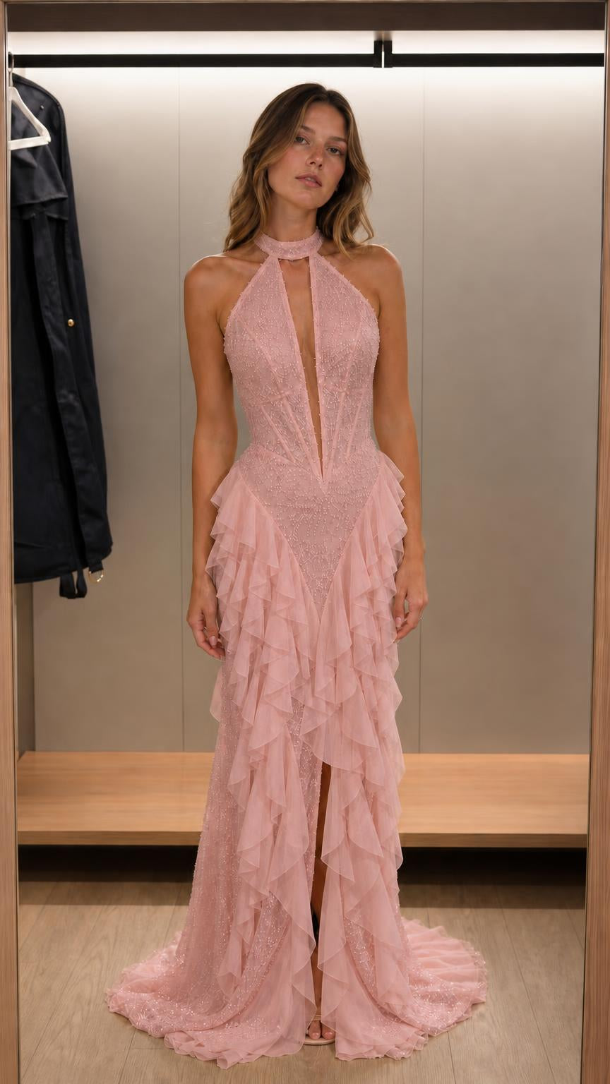 Front view of pink halter neck beaded ruffle maxi dress