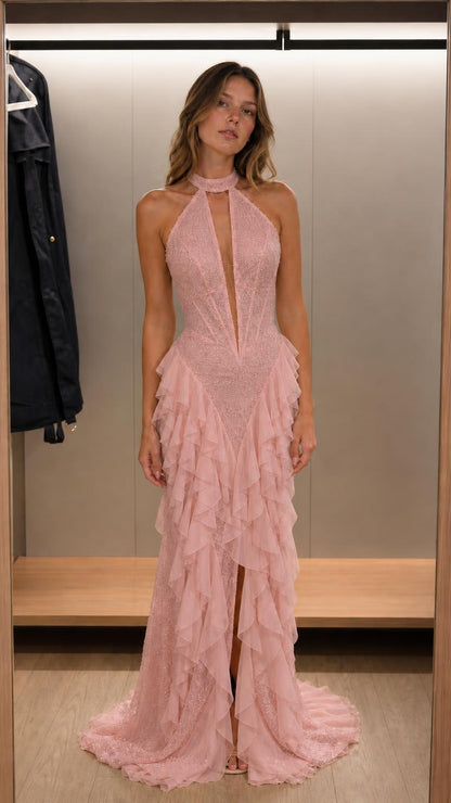 Front view of pink halter neck beaded ruffle maxi dress