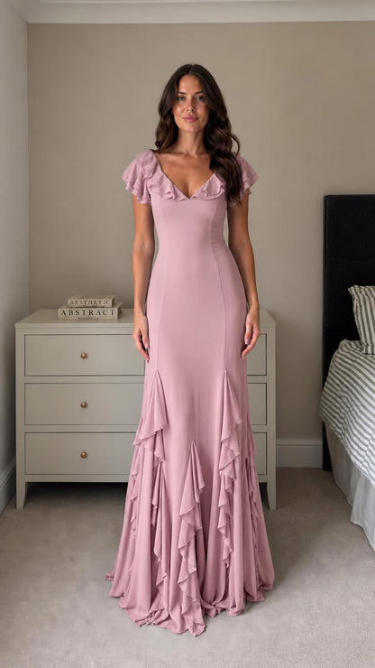 Front view of model wearing Dusty Pink ruffled maxi dress