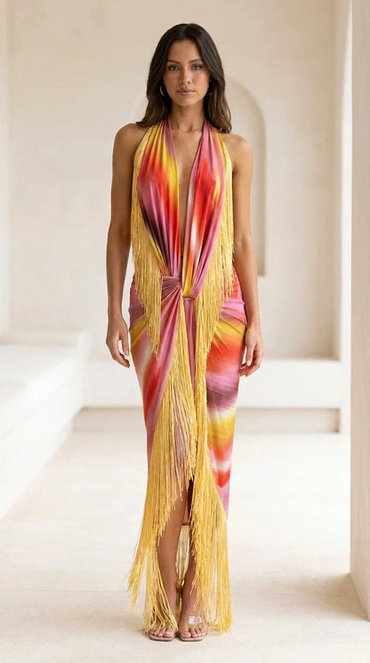 Model wearing pink multi-color gradient fringe maxi dress