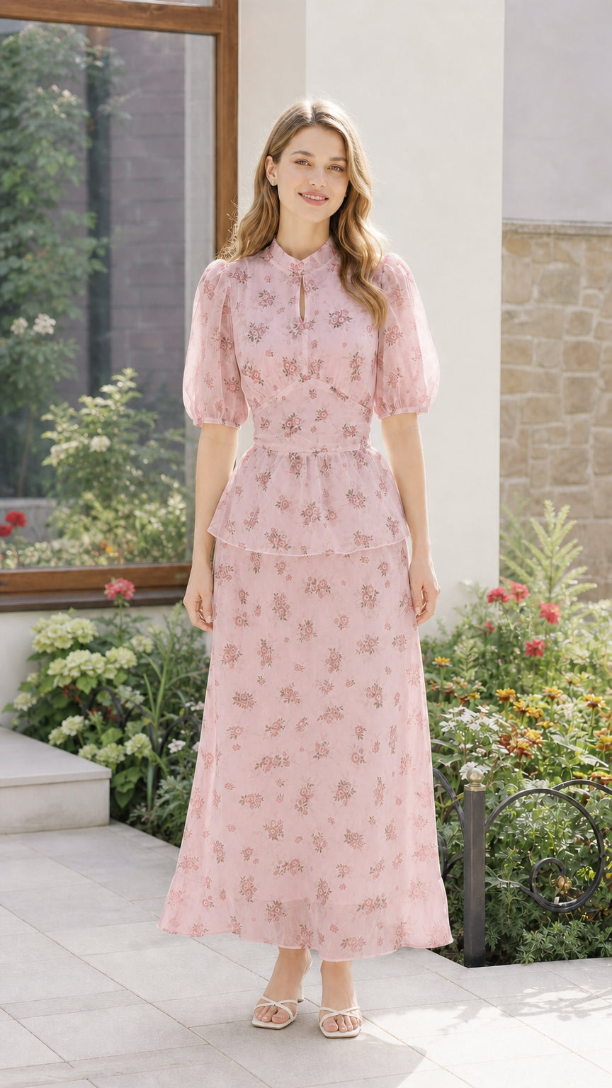 Woman wearing pink floral print maxi dress