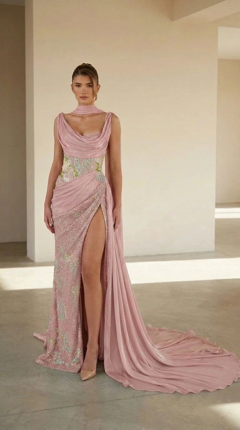 Front view of blush pink formal gown with high slit